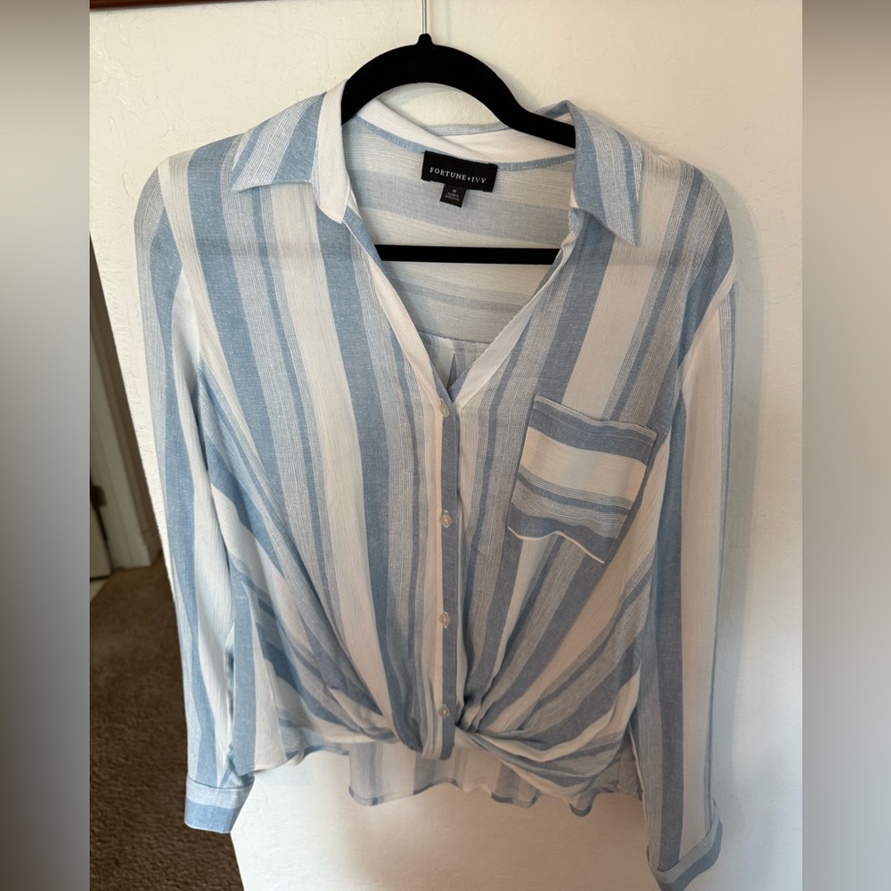 Fortune Ivy Blue and White Striped Women's Blouse
